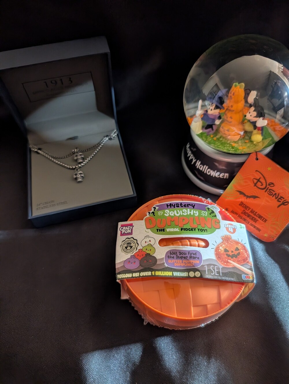 Halloween Viral Bundle. Squishy Dumpling, SS Skull Necklace, Disney Snow globe